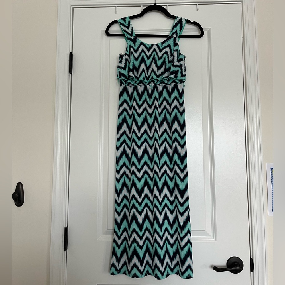Three Pink Hearts Blue and Teal Chevron Ruffle Detail Dress